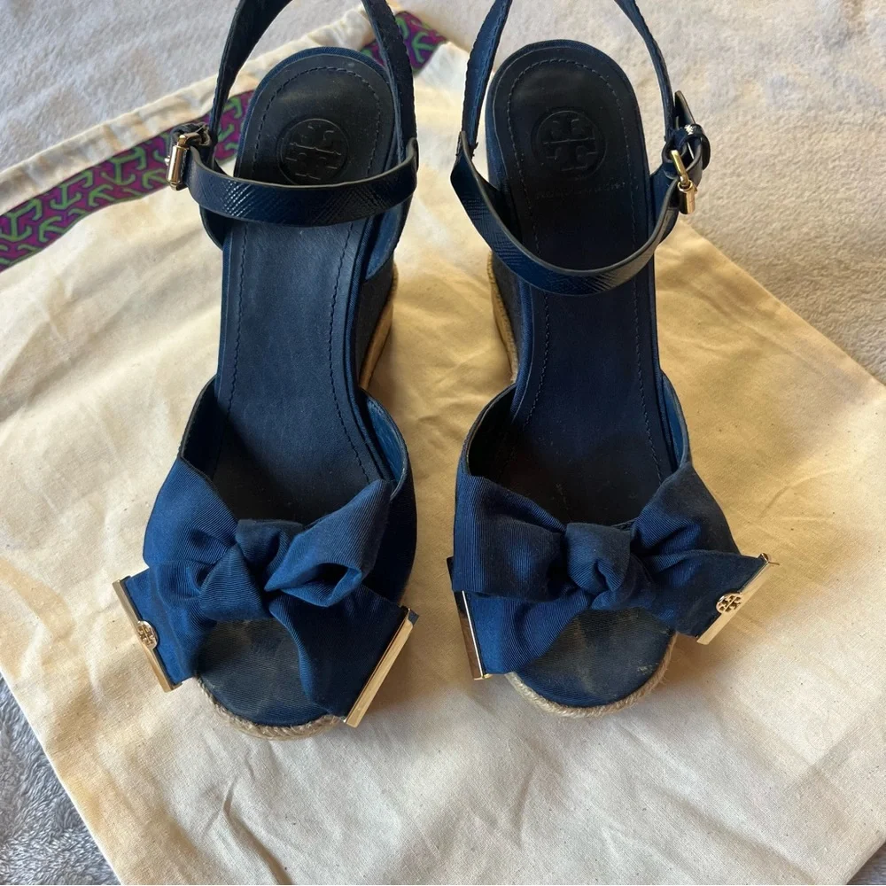 Tory Burch Blue Canvas and Leather Espadrille Wedge Ankle Strap Sandals